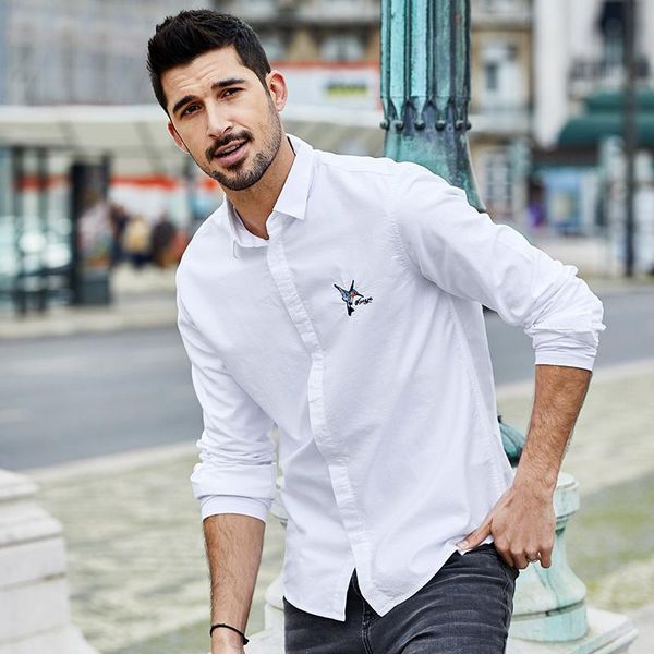 

men's casual shirts kuegou 100% cotton embroidered men long sleeve shirt leisure clothing han edition white autumn coat yc-6315, White;black