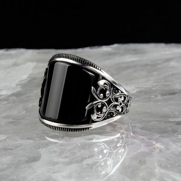 

cluster rings vintage silver plated bending black stone for men personality carved hollow flower ring luxury fashion gifts punk jewelry, Golden;silver
