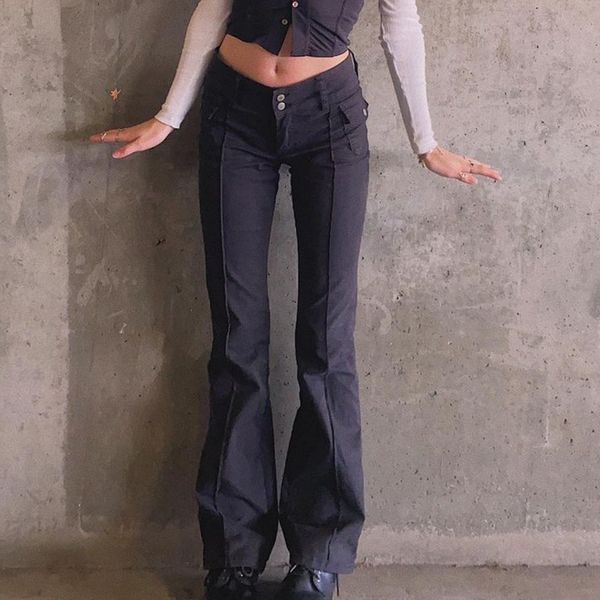

vintage women's pants indie aesthetics slim flare pants e-girl pockets solid y2k pants summer 90s fashion black trousers 210515, Black;white