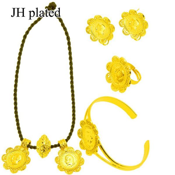 

earrings & necklace jhplated ethiopian coin sets jewelry ring gold color eritrea african bridal wedding gift for women, Silver