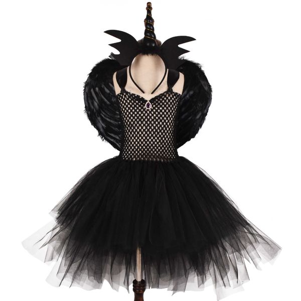 Schwarze Hexe Tutu Kostüm für Mädchen Cosplay Tutu Kleider mit Stirnband Flügel Kinder Halloween Kostüme Outfits Kleidung Set 0-12Y X0803