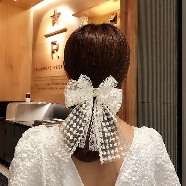 

hair clips & barrettes korean double layer large bow ribbon clip embroidered lace rhinestone hairpin female luxury accessories for women, Golden;silver