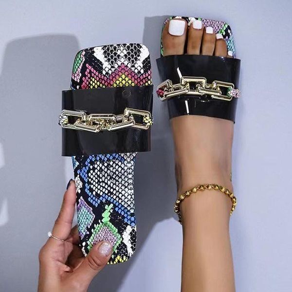 

slippers snake print metal chain clear pvc upper slides shoes women summer slip on sandals flat casual slipper big size 10.5, Black