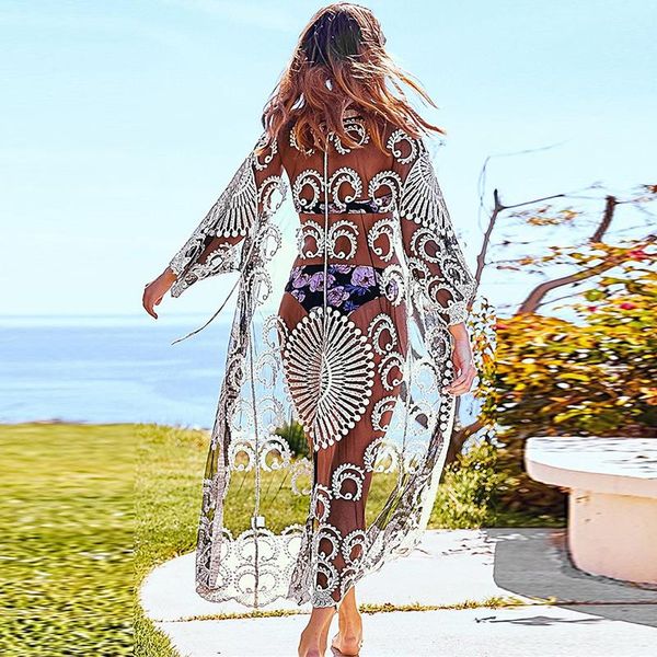 Menas de banho feminina 2021 Mesh Borderyer Bikini Coverp ups Transparent Lace Tunics Kaftan Robe de Plage Plus Size Kimono Bathing Suiting