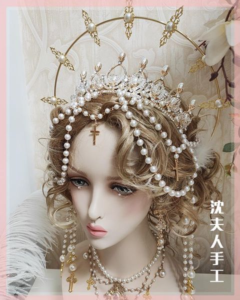 

party masks retro gorgeous baroque style goddess lolita handmade headwear pearl tassel cross hair crown set halo necklace headband cosplay