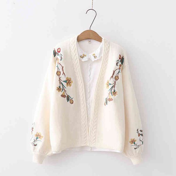 

women's knits & tees chic flowers embroidery lantern sleeve cardigan sweater female y5u5, White