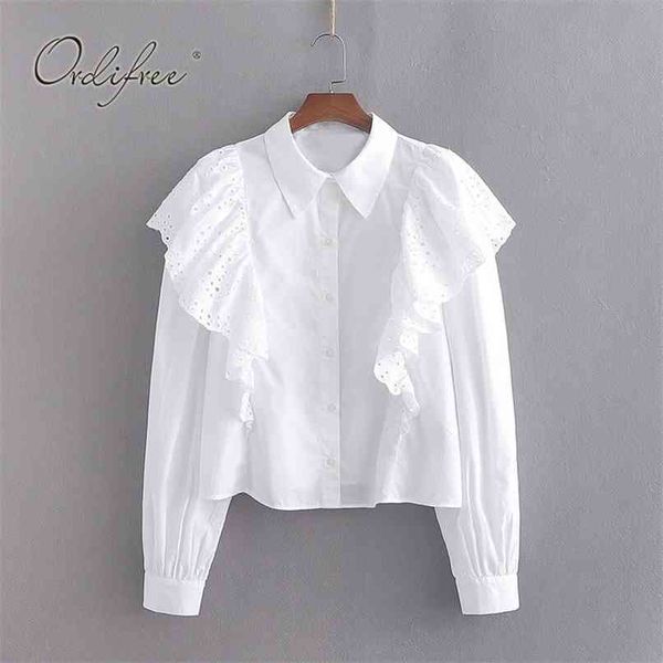 

summer women white ruffle blouse shirt long sleeve office lady casual embroidery female 210513