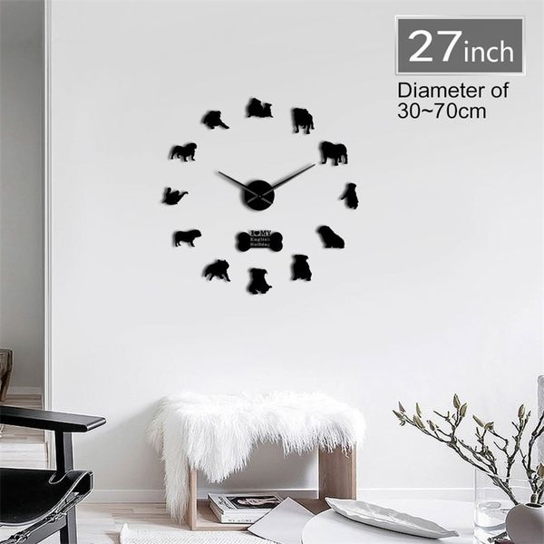 Reloj de pared DIY 3D contemporáneo de Bulldog inglés con bonito hueso, Bulldog británico, razas de perros, tienda de mascotas, espejos, reloj de superficie, reloj 210401