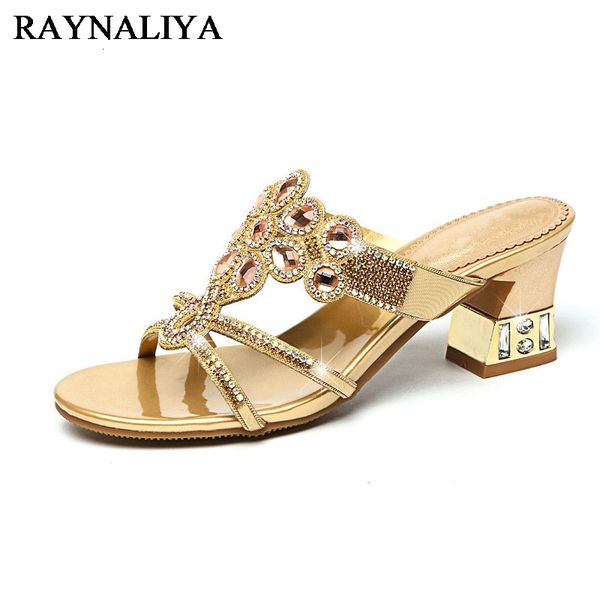 

{category} new summer rhinestone sandals women shoes fashion slippers mid square heels crystal slides plus size c0022 lvk0, Black