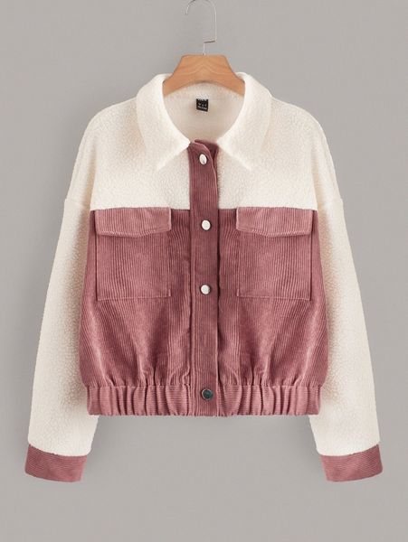 

colorblock flap pocket drop shoulder jacket 19jh#, Black;brown