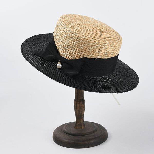 

wide brim hats summer color contrast natural black wheat grass jazz hat outdoor travel sunscreen sunshade beach flat fedora straw cap, Blue;gray
