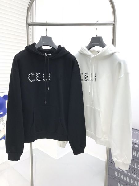 

men's hoodie loose cotton ladies fleece hooded sweatshirt checkerboard rivet letters autumn/winter couple sweater student 004, Black