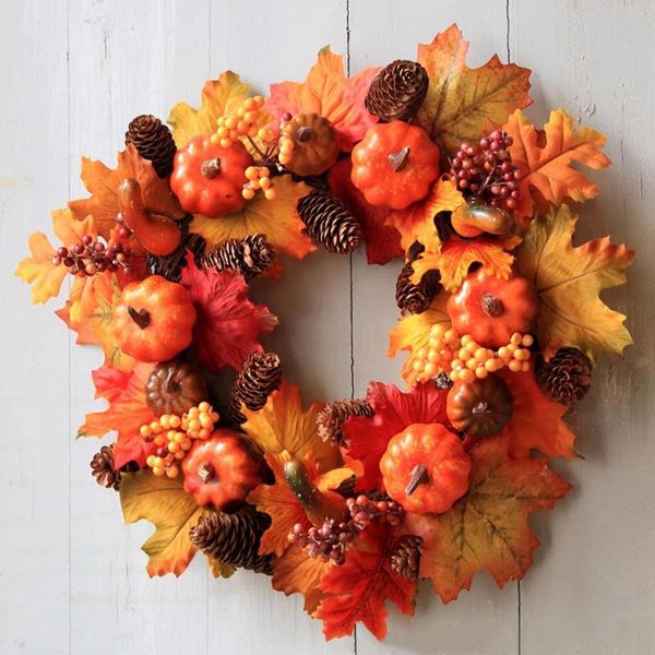 

40cm artificial pumpkin wreath autumn harvest sunflower door decor garland thanksgiving halloween party supplies decorative flowe flowers &