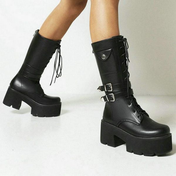 

boots platform square high heel women mid calf patent pu leather buckle round toe ladies motorcycle zipper lace up, Black