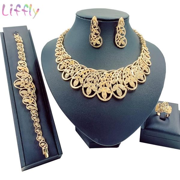 

earrings & necklace african fashion wedding jewelry sets leaf shape charm bride crystal bracelet ring for women hollow set, Silver