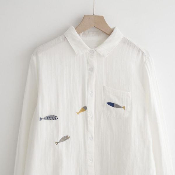 

lamtrip spring swimming fish embroidery kawaii cotton yarn long sleeve shirt blouse women's blouses & shirts, White