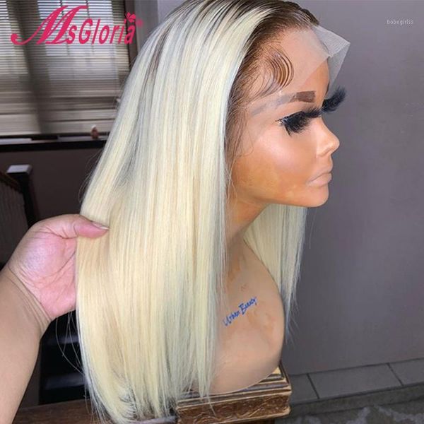 

ombre blonde 613 bob wig 13x6 lace front human hair brazilian blunt cut transparent wigs1, Black;brown