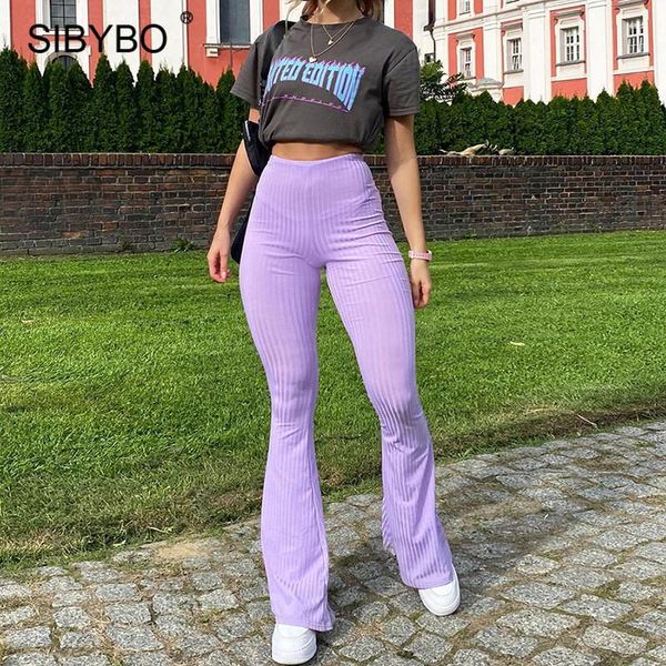 

sibybo rib knitted flare pants women spring high waist streetwear casual bodycon long pant 2021 fashion femme pantalon women's & capris, Black;white