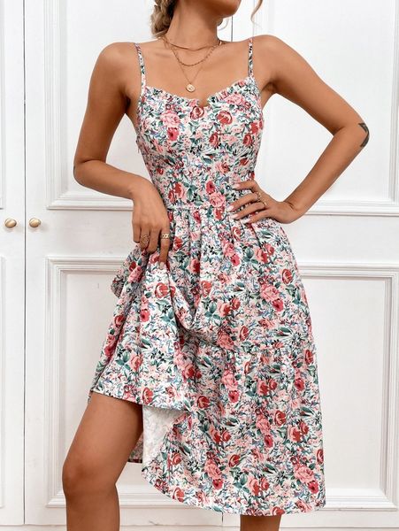 

floral print ruffle hem cami dress a7we#, Black;gray