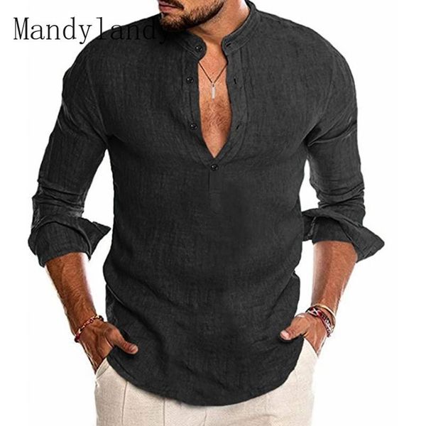 

men's casual shirts mandylandy handsome men shirt loose v-neck linen cardigan stand collar long sleeve blouse, White;black