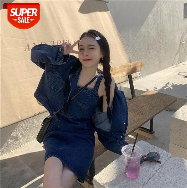 

fashion temperament korean style loose denim sling coat two-piece female #sl5h, Black;gray