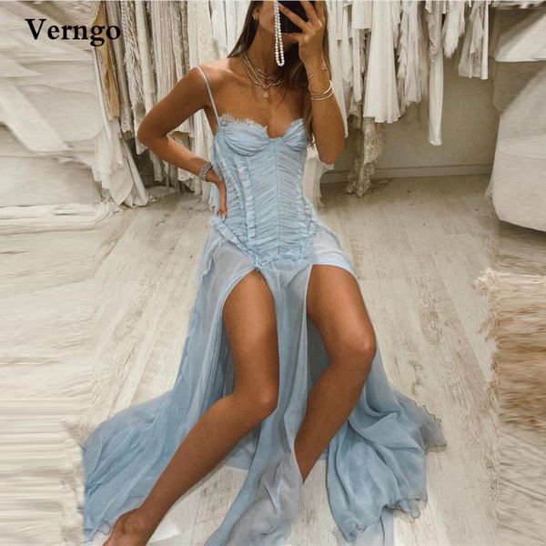 

party dresses verngo dusty blue chiffon long prom spaghetti straps pleats sweetheart side slit evening gowns formal dress, White;black