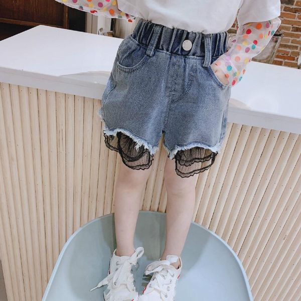 

girls denim shorts 2021 summer jeans kids clothes fashion lace patchwork, Black