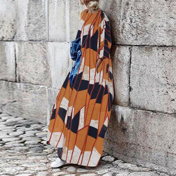 

casual dresses women plus size print splice kaftan fashion loose linen long maxi dress vestidos amplios bohemios ropa mujer verano 2021, Black;gray