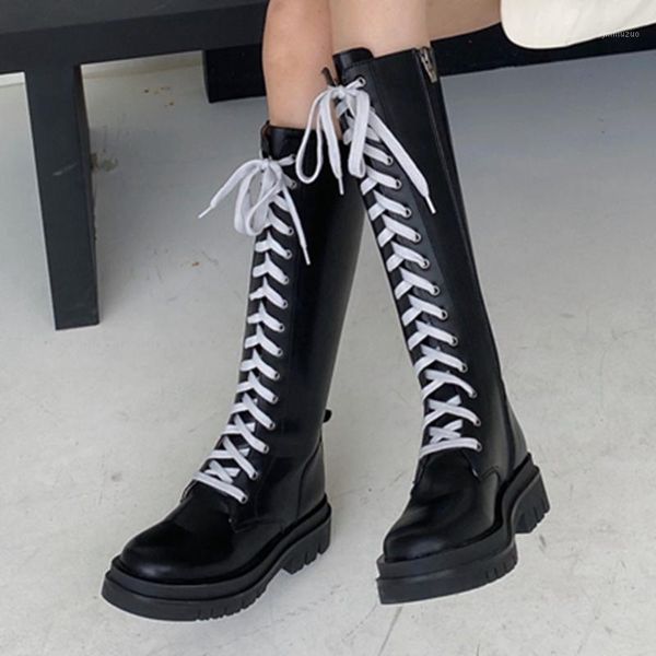 

boots ribetrini brand design skidproof sole shoelaces mid-calf chic winter women cool motorcycles boot footwear1, Black