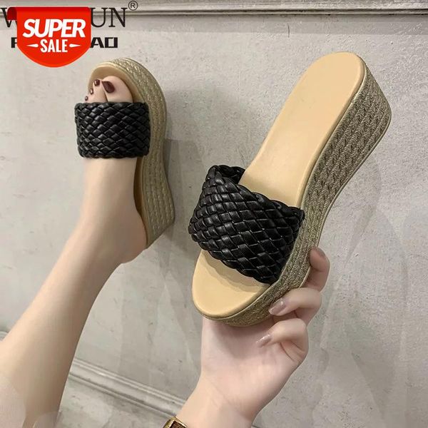 

women sandals flip flops slippers shoes high heels summer fashion wedges slides platform weave lady casual female outdoor #2396, Black