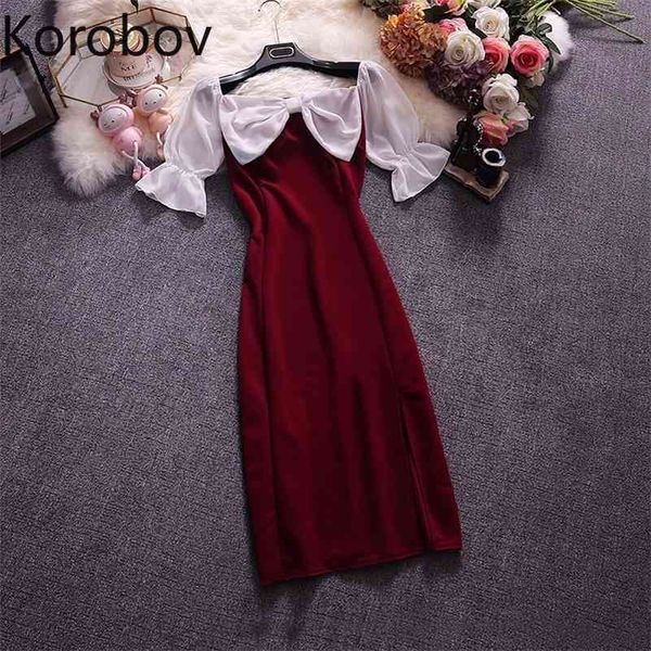 

korobov summer dress women slash neck butterfly sleeve sweet bow dresses korean hit color patchwork a-line vestidos 210430, Black;gray