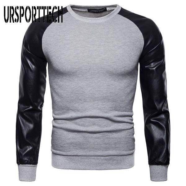 

brand sweatshirt mens pu leather patchwork hoodie 2020 fashion autumn long sleeve oversize pullover hoodie for men, Black