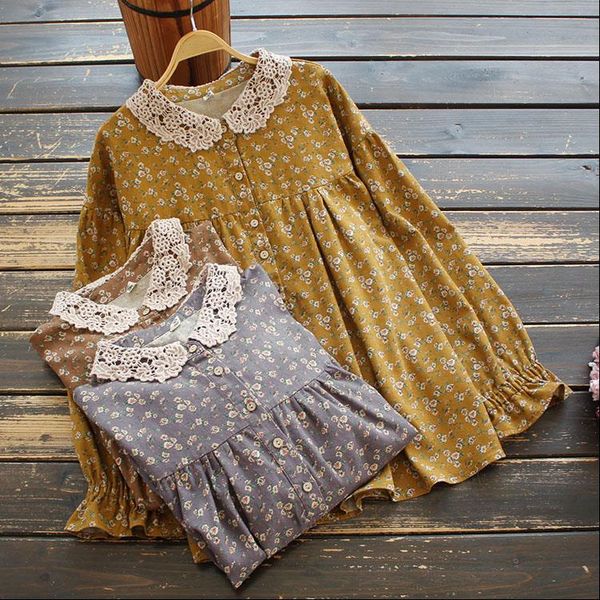 

8362 autumn japan style mori women shirts girl lace turndown collar long sleeve loose print cotton linen shirt, White