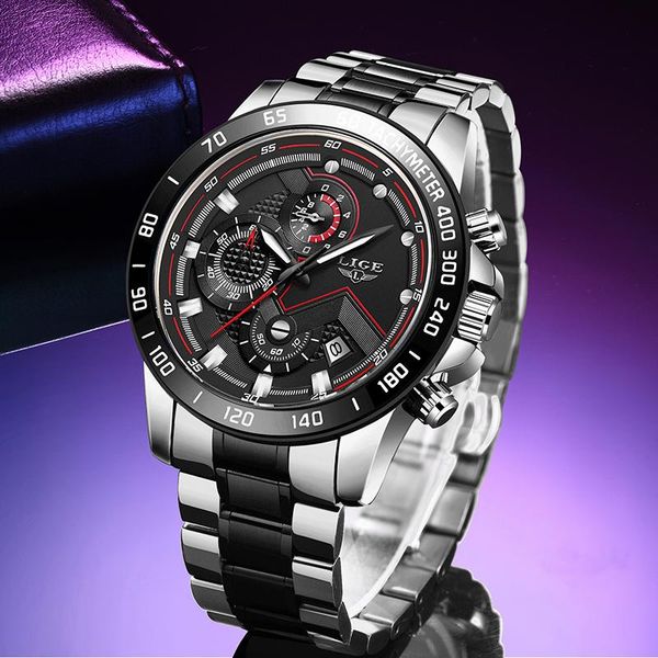 

wristwatches lige men watch multifunction stainless steel black quartz watches fashion business waterproof date relogio masculino, Slivery;brown