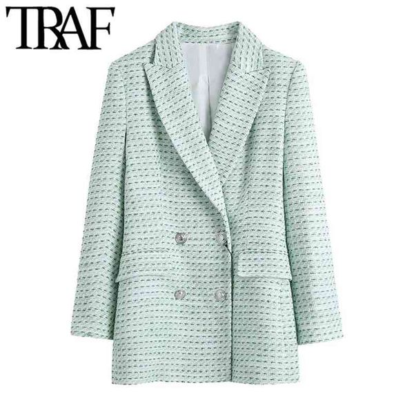 

women fashion double breasted tweed check blazer coat vintage long sleeve flap pockets female outerwear chic 210507, White;black