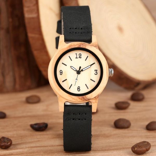 

wristwatches wooden brown case quartz watch women durable leather black strap watches small arabic numerals round dial gifts, Slivery;brown
