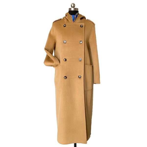 

women's wool & blends coat winter women hood 2021 fashion cashmere outerwear long jacket real fur streetwear s8757, Black
