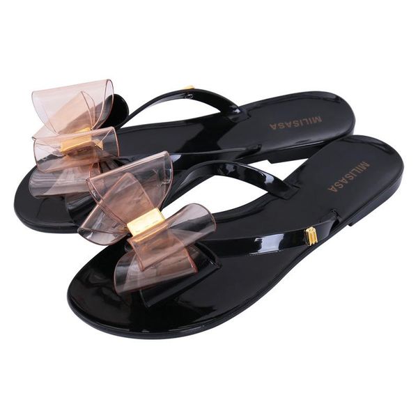 

summer women's outdoor non-slip slippers bowknot flip-flops wear-resistant flat-bottomed platform sandals and, Black