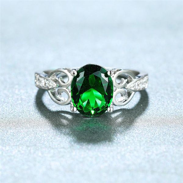 

wedding rings cute female crystal green stone ring promise silver color thin engagement for women luxury oval hollow, Slivery;golden