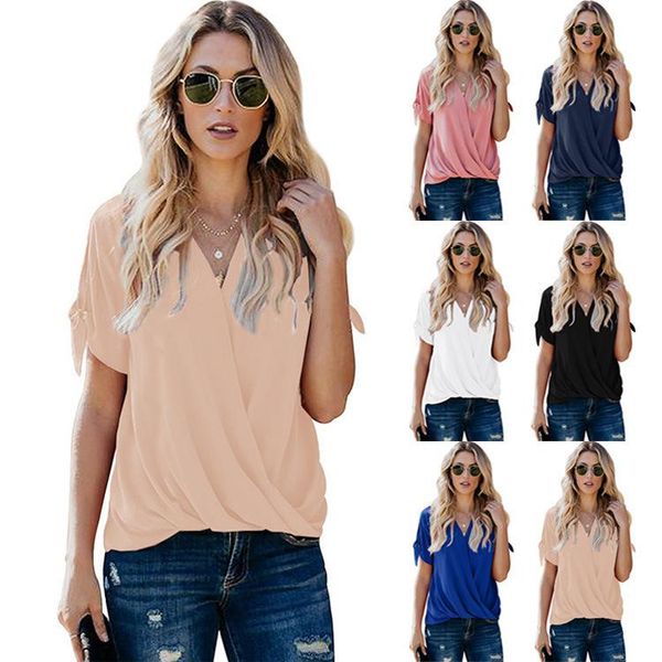 

women's t-shirt european and american cross-border fashion v-neck shirt women 2021 summer solid color loose pleated pullover top, White