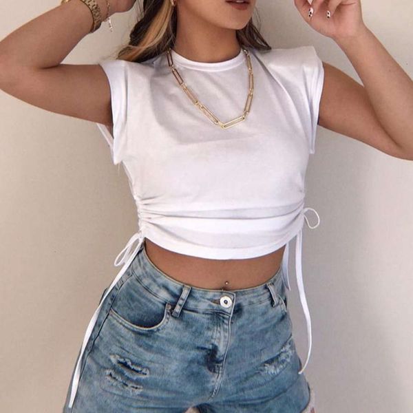 

women's t-shirt 2021 wear ins solid shoulder cotton short sleeve waist tethered mfrf, White