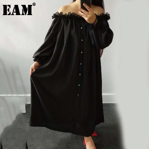 

[eam] women black ruffles stitch big size long dress slash neck long sleeve loose fit fashion spring autumn 21512, Black;gray