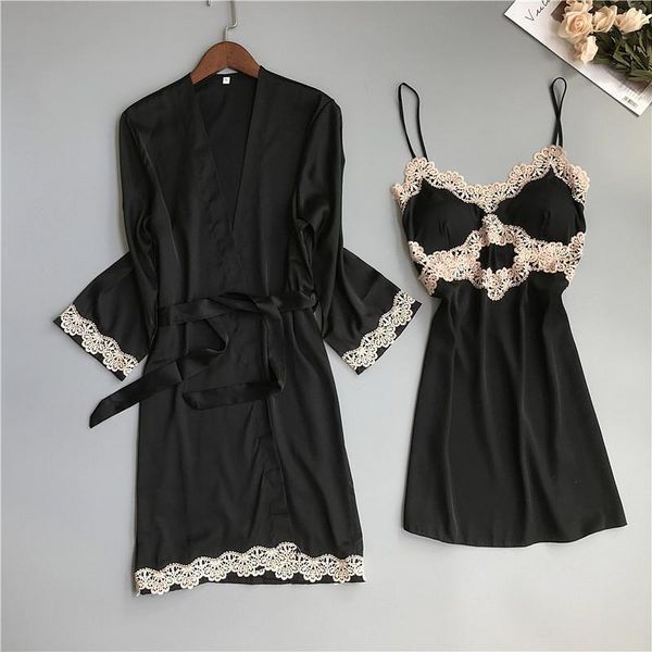 

women's sleepwear women sleep suit 2pcs nightshirts v-neck pajama burgundy satin lace pyjama gown set spring nighty robe homewear x8yg, Black;red