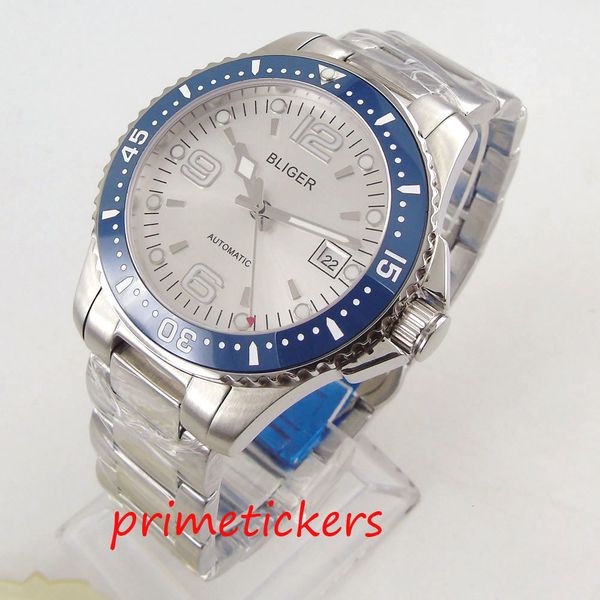 

automatic movement 40mm bliger white dial blue bezel illuminating stainless steel band date of window gentlemen watch, Slivery;brown