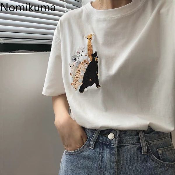 

nomikuma o neck short sleeve embroidery basic t shirt women casual loose tshirts female koran fashion graphic tees 3c210 210514, White