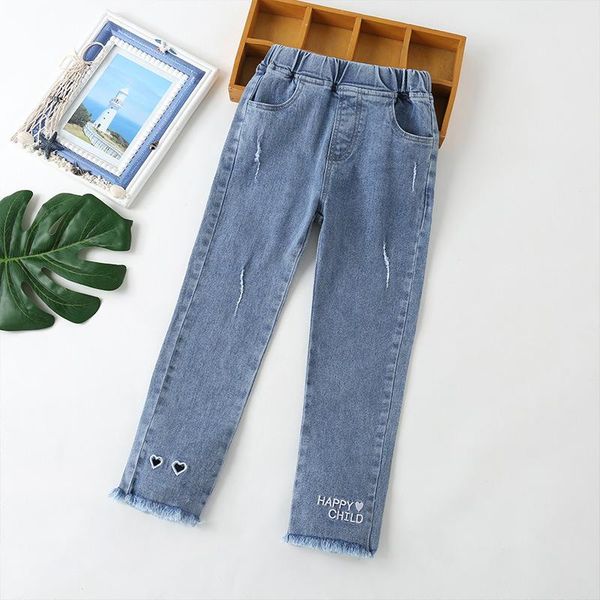 

jeans autumn girls' korean casual light blue classic letter heart embroidery micro elastic fringed hem fashion pants 2021