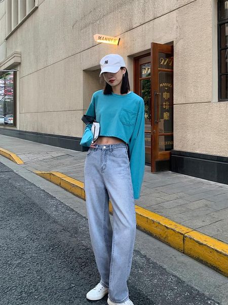

women vintage high waist straight jeans pant streetwear female denim ladies women's, Blue