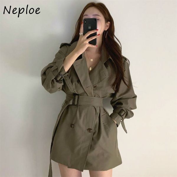 

all-match double-breasted tooling jacket drawstring slim waist double-pocket coat women solid color elegant femme 210422, Black;brown