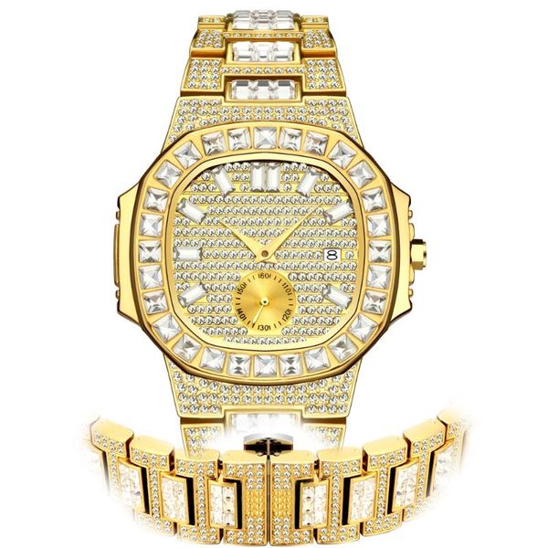 

wristwatches 18k gold watches for men full diamond quartz men's watch man hip hop mens iced out male clock waterproof relogio, Slivery;brown