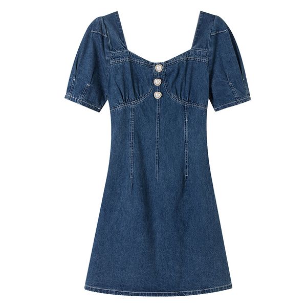 

women slash neck short sleeve puff a line mini dress summer beach female denim blue button d1940 210514, Black;gray